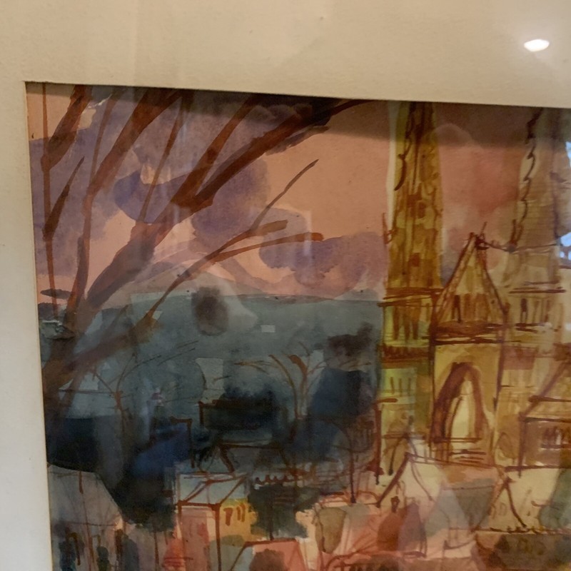 Gouache Watercolor Painting Church 37x30” by Aldo German French Cityscape rare gallery