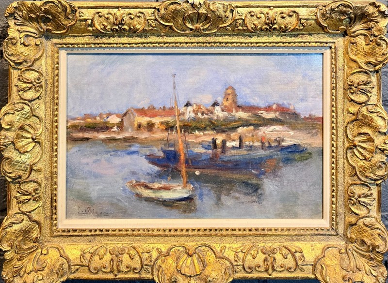 Lucien René Mignon -Costal French Town Scene -1920s Oil painting