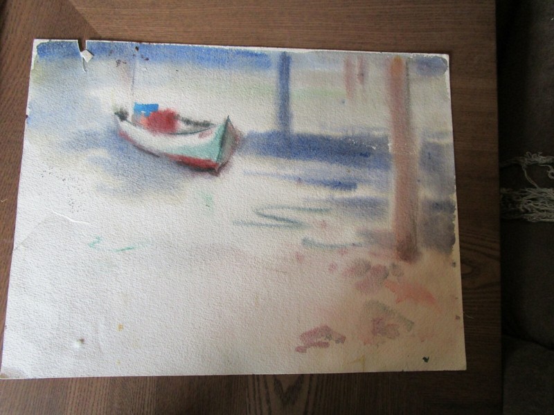 Original Watercolors By Peg Humphreys, Moored Boat in Fog 16″ x 12″