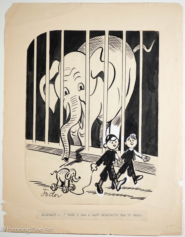 Rare Laszlo Fodor Antique Illustration Painting Elephant Zoo Cartoon, Nice!