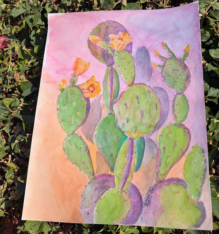 Prickly Pear Cactus Blooms Original Watercolor Paint RAMfish Artist 12" X 16" gallery