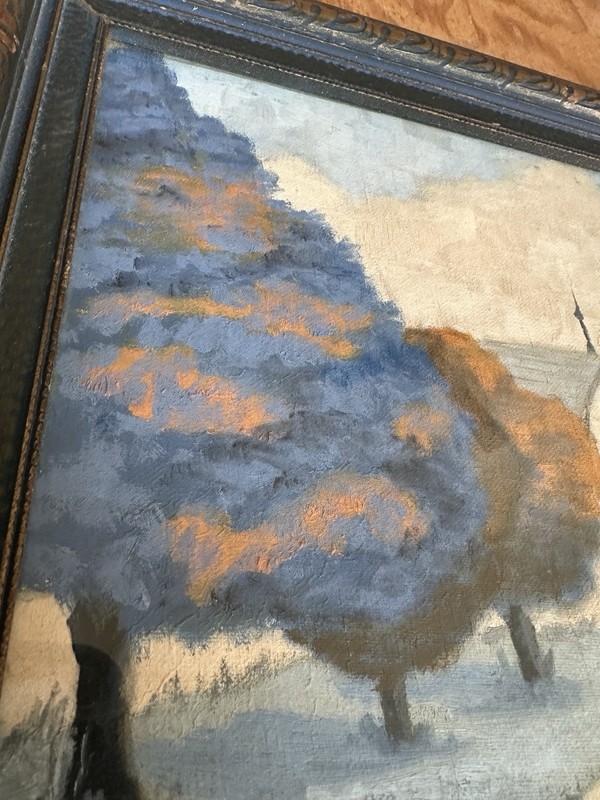 Original Painting Country Landscape Farmhouse Glass Framed Vintage Blue Trees gallery