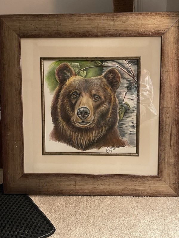 Original Color Pencil Painting Framed Bear & Birch Signed
