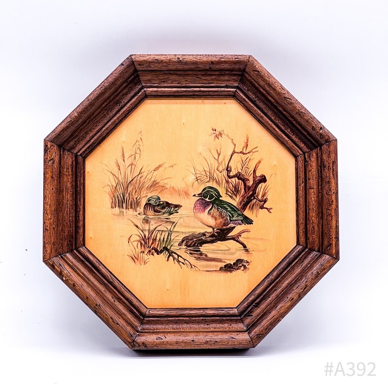 Vintage Painting on Wood “Ducks at the Lake” With Wooden Frame, Framed