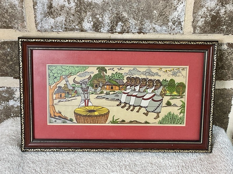 VTG Hand Painted Indian Tribal Folk Art On Wood Veneer Framed Nirmitee Mumbai