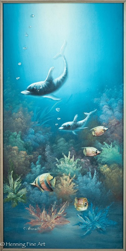 Beautiful Vintage Oil Painting Sea Life Ocean Landscape Dolphins and Angel Fish gallery
