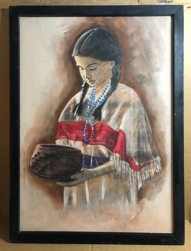 OOAK Native American Girl – Mixed Media on Wooden Board Medium 38″x28″ Framed **