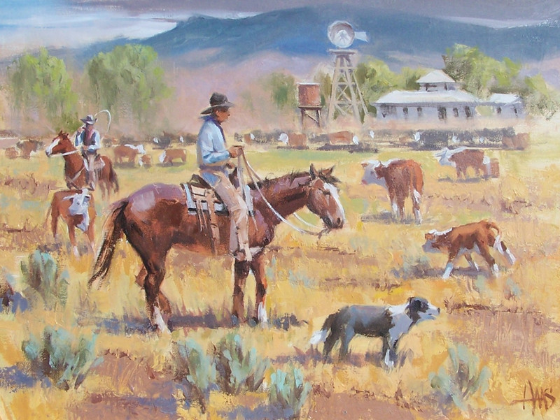 TOM HAAS painting ‘Carmichael Ranch’ oil 12×16 Arizona cowboys windmill cows dog