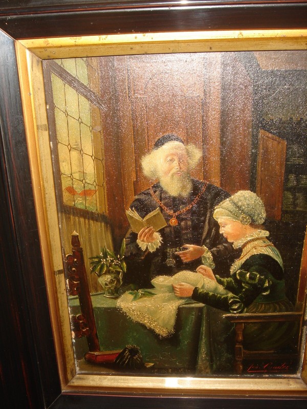Antique oil painting, religious scene, { Pretty woman with priest, is signed }. gallery
