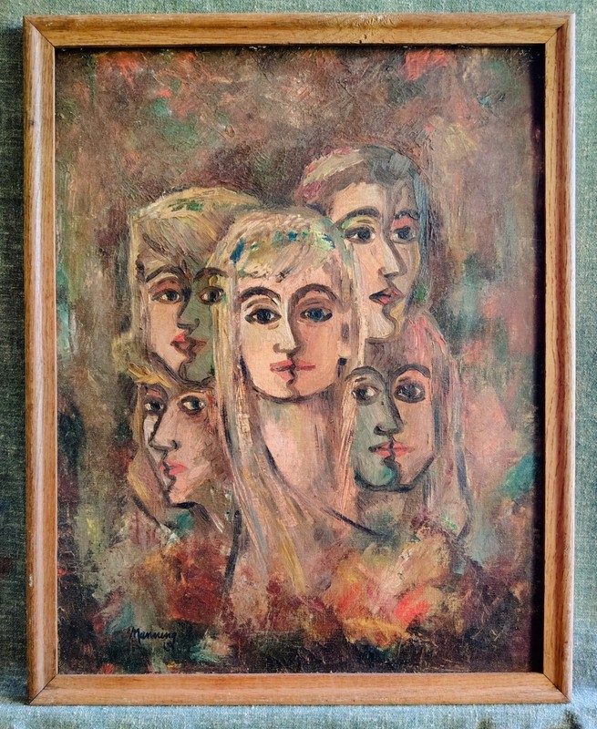 OIL PAINTING Original CUBIST ART 1964 Women Girl Sister Signed Vintage Frame 21″