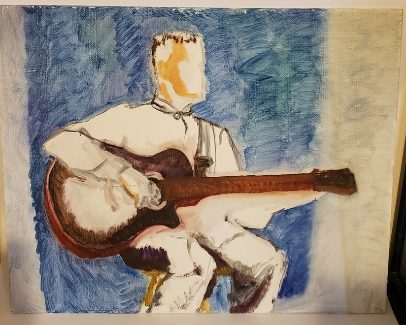 Vintage Oil Painting By Linda Kolar Guitar Player Portrait Impressionist Art