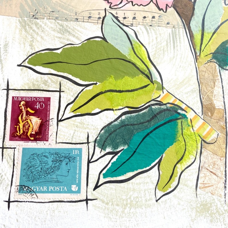 Peony Music Original Art Gouache Collage Painting 11x14in Matted Frame Ready gallery