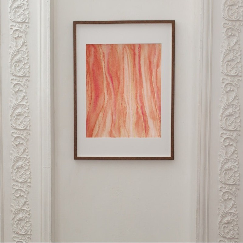Original watercolor abstraction in peach color with gold stripes, Home Decor