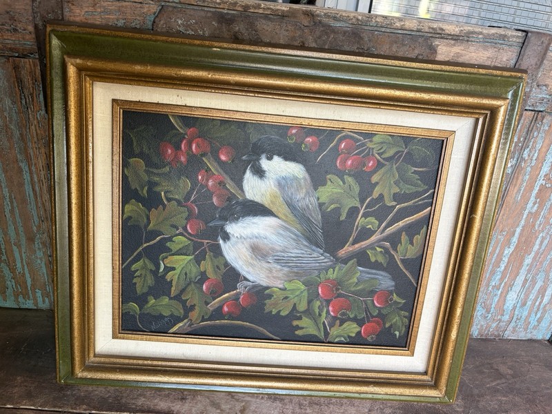Framed Chickadee & Berries Glicee Wildlife Moody Art Birds 14×17”