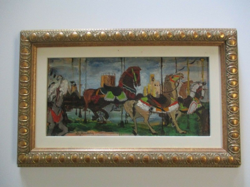VINTAGE OIL PAINTING by Paula Algminowicz HORSE CAROUSEL FAIR CIRCUS MID CENTURY