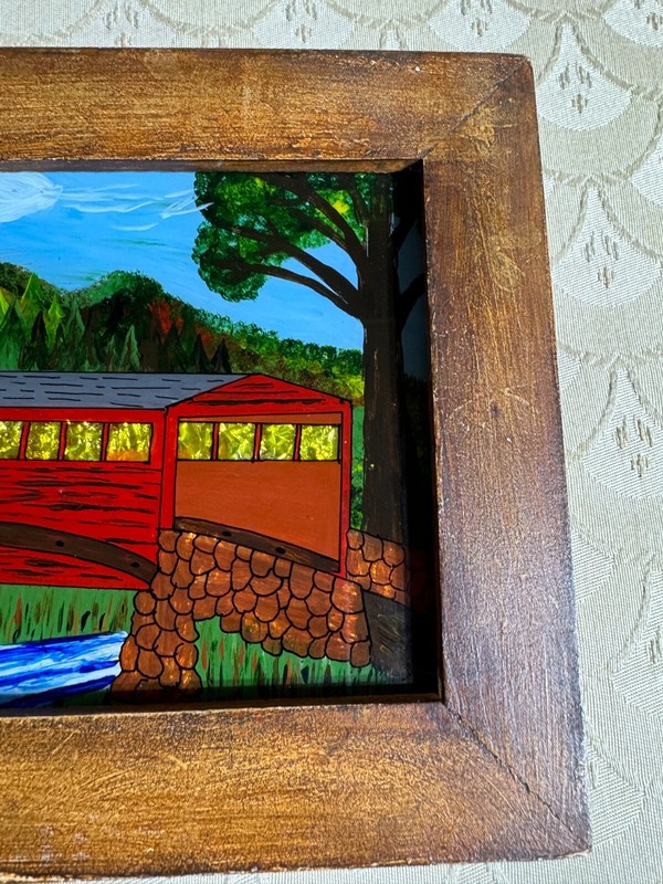 David W Gottshall (1942 - 2016) Folk Art Reverse Oil Foil Art "Covered Bridge" gallery