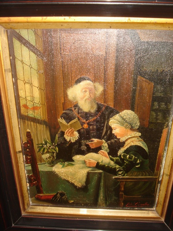 Antique oil painting, religious scene, { Pretty woman with priest, is signed }. gallery