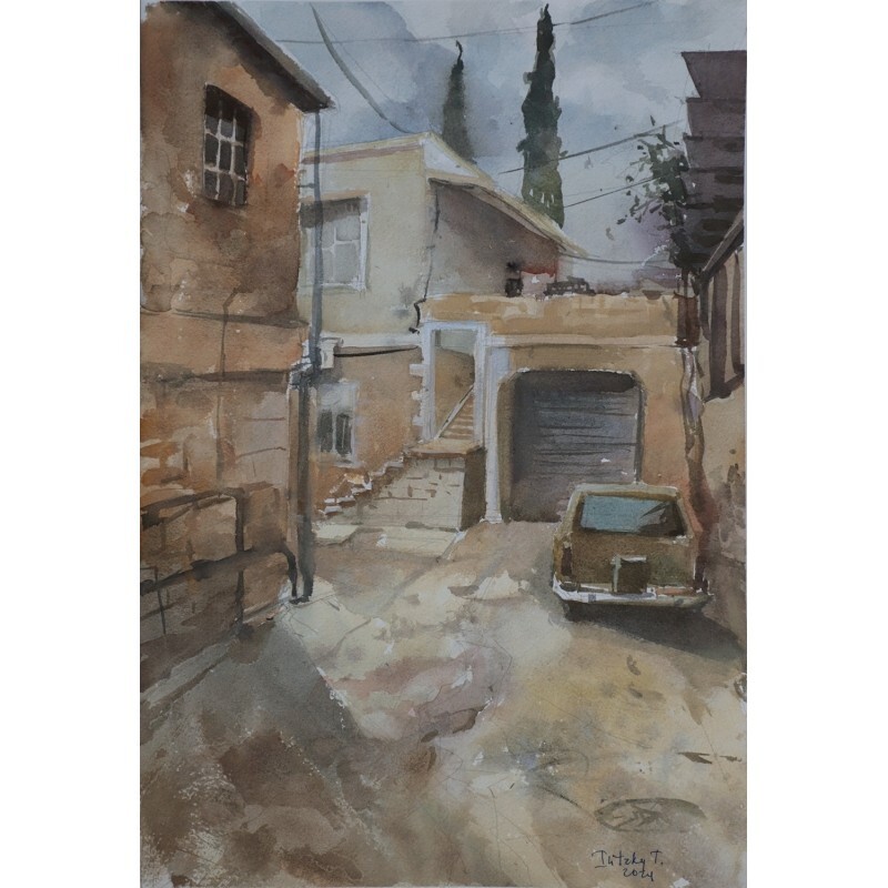ORIGINAL Art Watercolour Cityscape Haifa Courtyard 15.7×11″ Tatiana Ilitzky