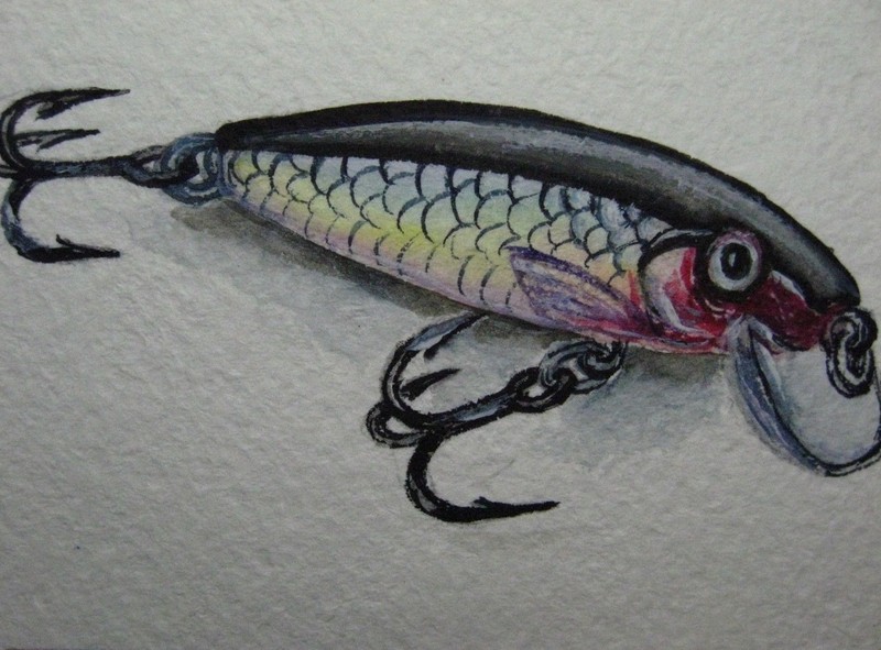 Painting Fishing Lure Bait Fish Hook Rapala Lake ACEO Art ‘