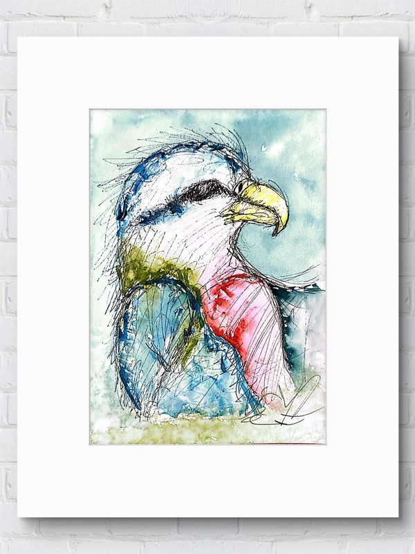 Original Bald Eagle Painting 7×10 Watercolor Blue Red Green Signed