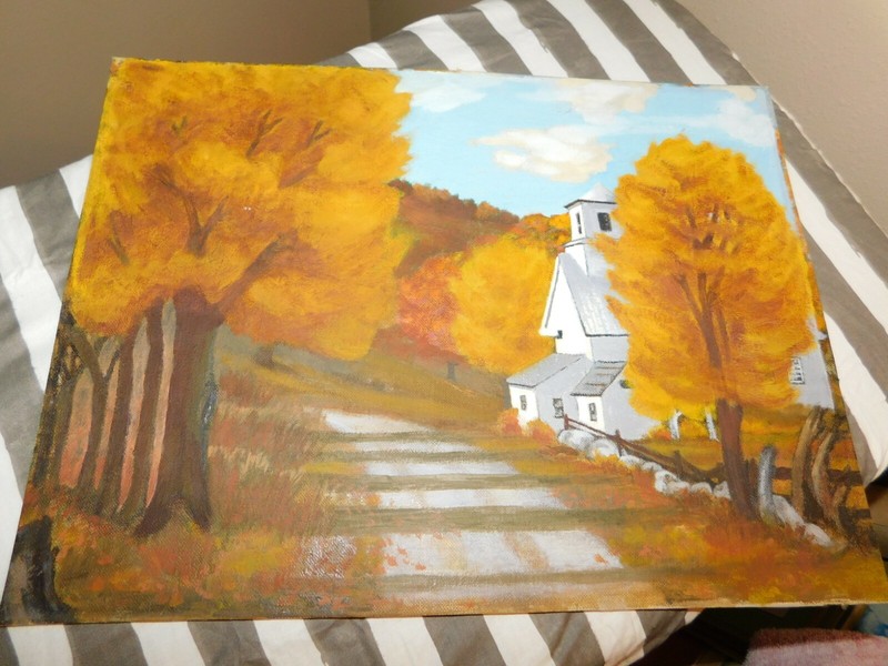 1968 Country Church Original Oil Painting Fall Signed on Reverse Vintage