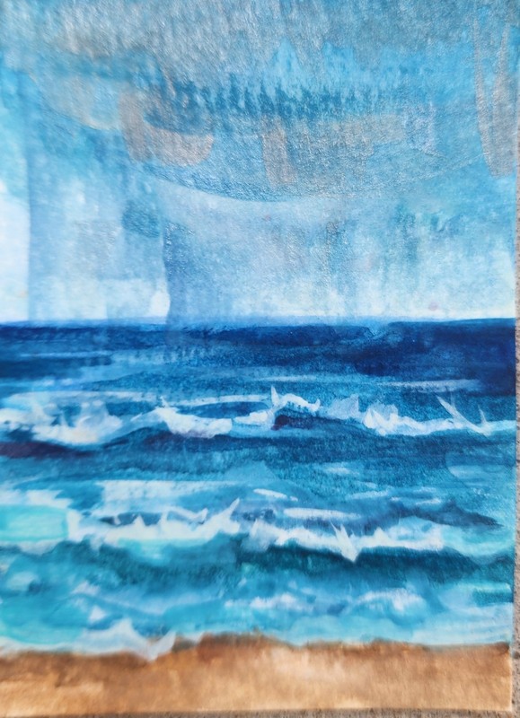 ACEO Original Watercolor Painting 2.5 x 3.5 in., Rainy Ocean, ShineGoldenArt