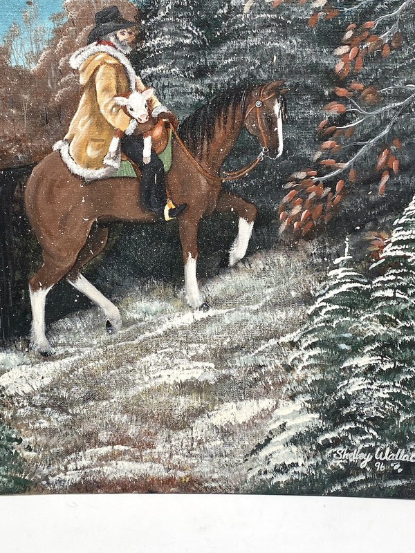 Shelley Wallace Original Signed Painting Ranch Cowboy w Cow on Horse Snow VTG 96 gallery