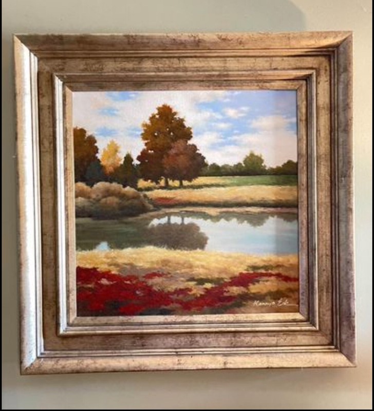 Original Acrylic Landscape Pond Canvas by Kanayo Ede Gold Custom Frame 34” X 34”