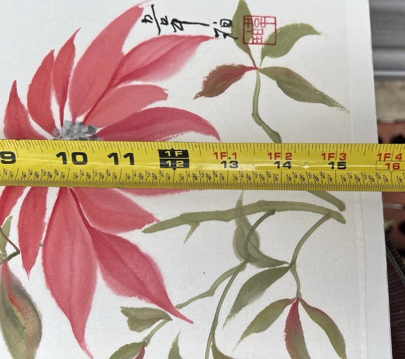 Original Sumi Ink Watercolor Painting Poinsettias Artist Seal With Signature gallery