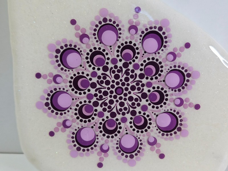 Hand Painted Rock Mandala Dot Art Santorini Stone Resin Coated OOAK 6" Signed gallery