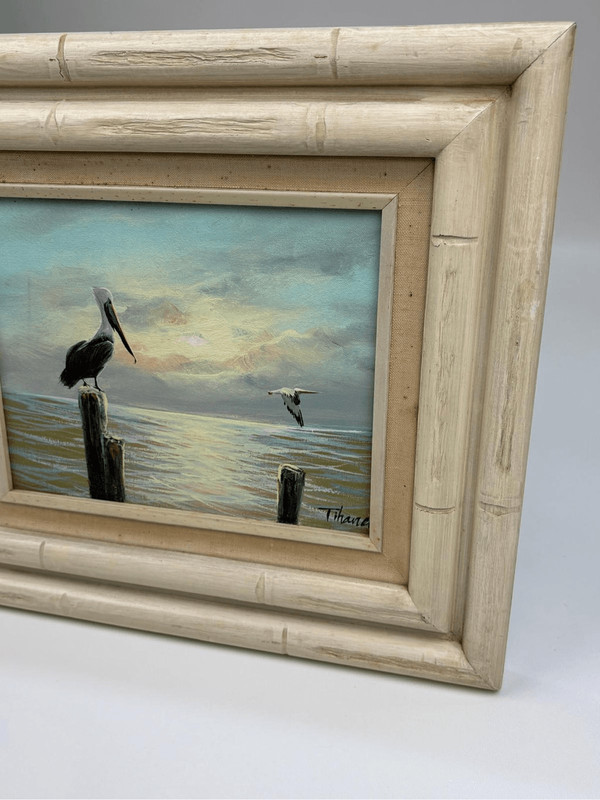 Original Oil Painting By Highwayman Tihaney Signed Landscape Beach Birds Pelican gallery