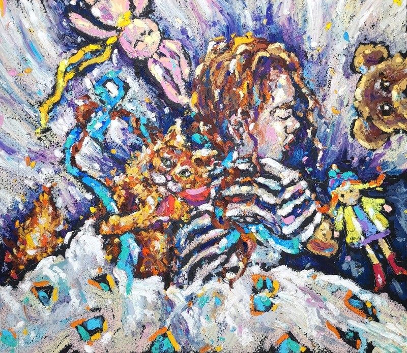 Original oil pastel artwork Cat painting Portrait of a girl art 11.5″x13.5″