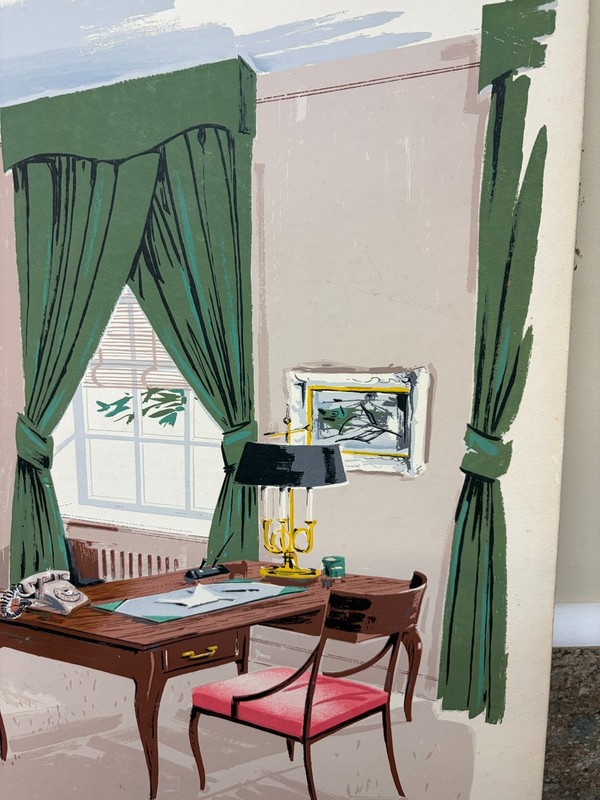 Mid Century Gouache Painting Rendering Board Signed Dick West Ad Interior Design gallery