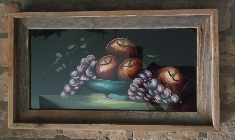 Vintage 1970s Black Velvet Still Life Painting Fruit Rustic Barn Wood Frame