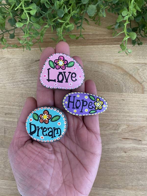 Set Of 3 Handpainted Rocks W/ the Words Love, Hope & Dream Flowers & Dots