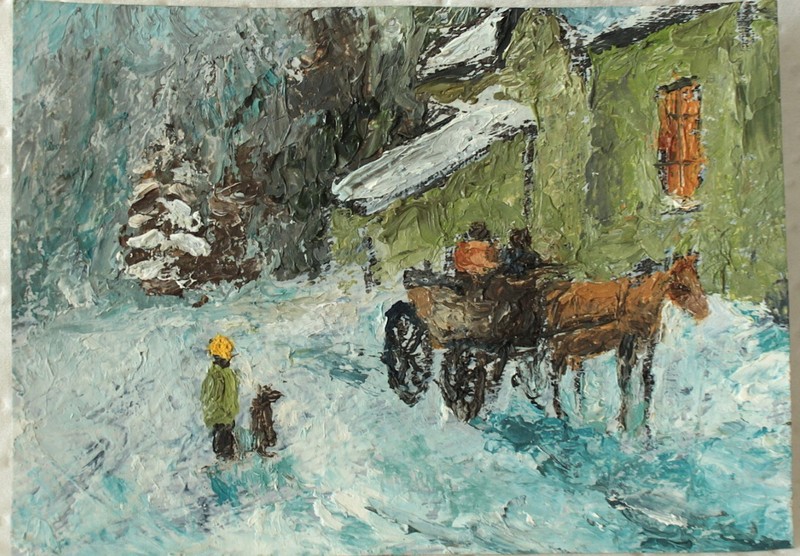 Original ACEO oil painting impressionist landscape, child, dog, horses #W4524