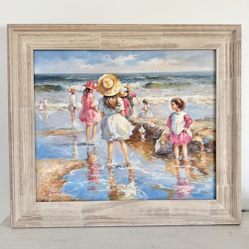 Original Oil Painting Seascape Beach Scene Signed Framed 30×26 Large Coastal Art