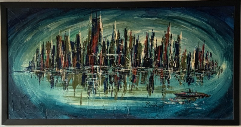 JOSE BARTOLI VINTAGE MODERN ABSTRACT NEW YORK CITYSCAPE OIL PAINTING OLD 1965