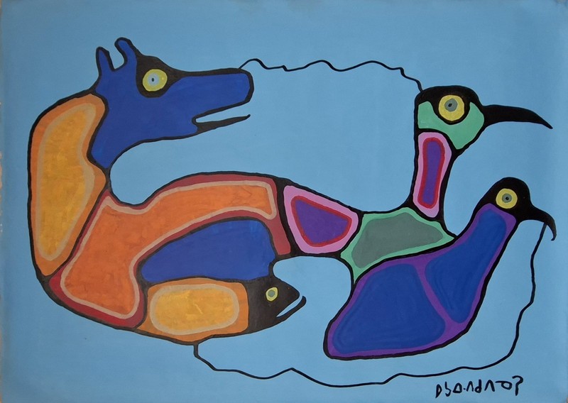 Norval Morrisseau Signed Indigenous Abstract Oil Painting on Canvas Canadian Art