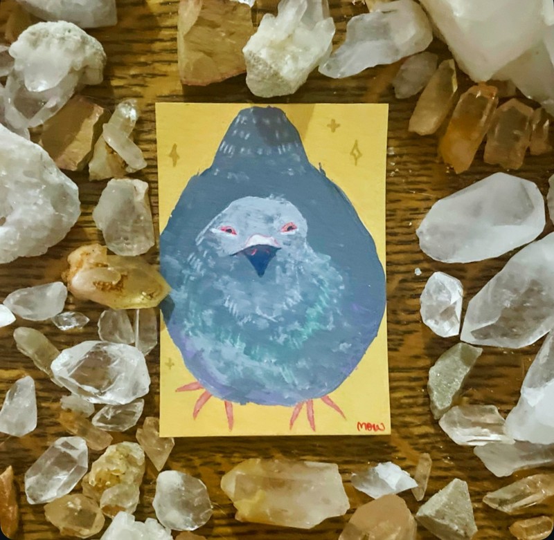 ACEO Original Mini Mix Media Painting 2.5×3.5in Colorful Pigeon by MOW