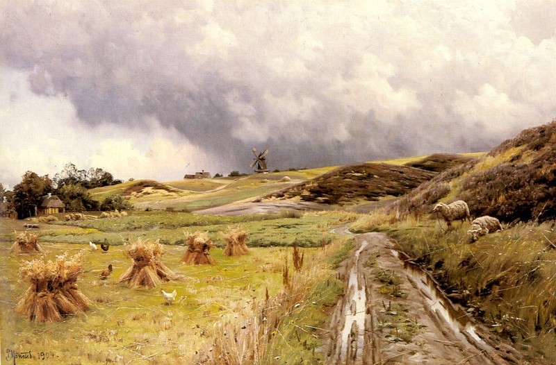Oil painting Peder-Mork-Monsted-A-Pastoral-Landscape-after-a-Storm landscape art