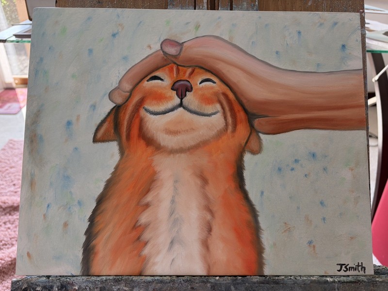 Original oil painting 11 x 14 inch happy colorful orange tabby cat being petted gallery
