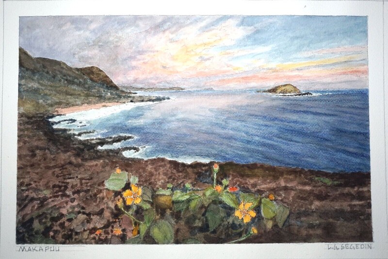 Hawaii Watercolor Painting "Makapuu w. Flowers, Oahu" by Larry Segedin #175 gallery