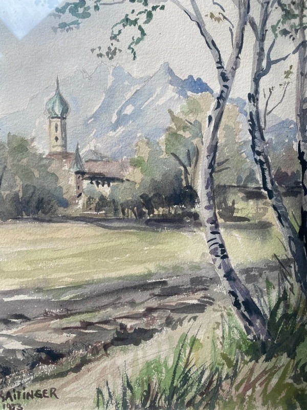 Aquarell Birken Am Feldrand Kirche Dorf Landschaft Signiert H. Raitinger 1933 gallery
