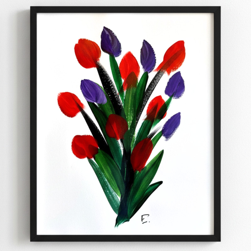 Original Colorful Abstract Flower Acrylic Painting, «Joyful» Signed Paper 11×14