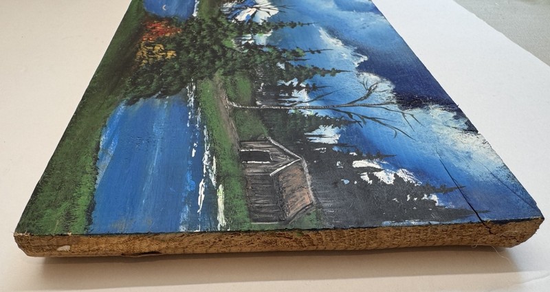 Vtg Folk Art Rustic Slab Board Mountain Lake Scene Hunting Cabin Bark Tree 7x22” gallery