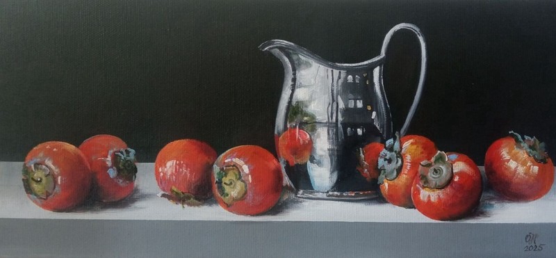 Persimmons and Silver Pitcher – Original Oil Painting on Canvas 16×35 cm