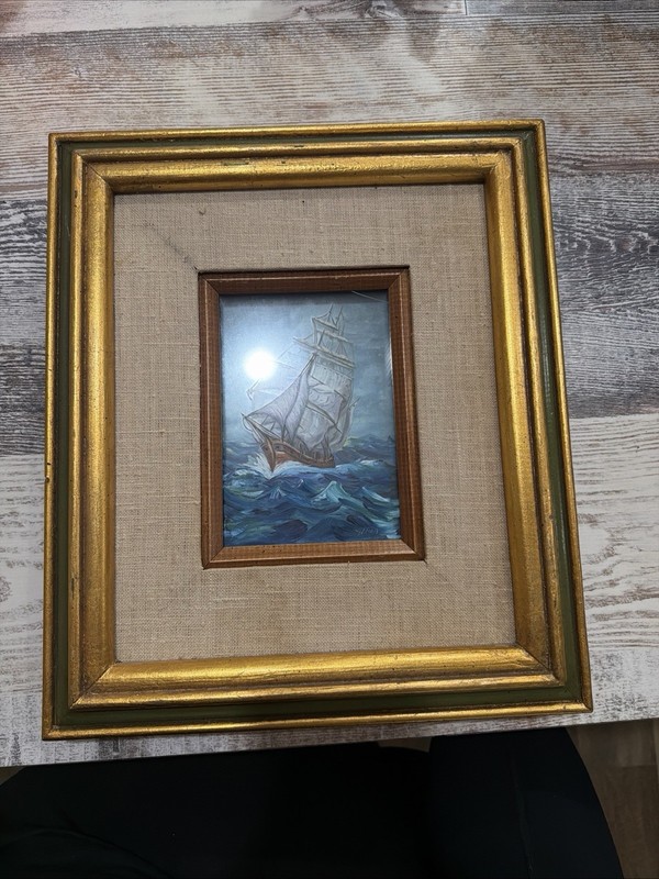 Framed Original 3D Oil Painting Ship at Sea Nautical Realism Signed Art