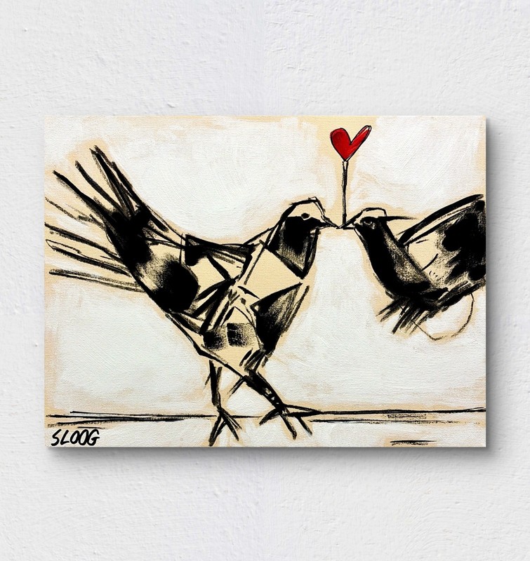 Sloog Original Art Folk Expressionism Painting on Canvas 12×16 Love Birds Kiss