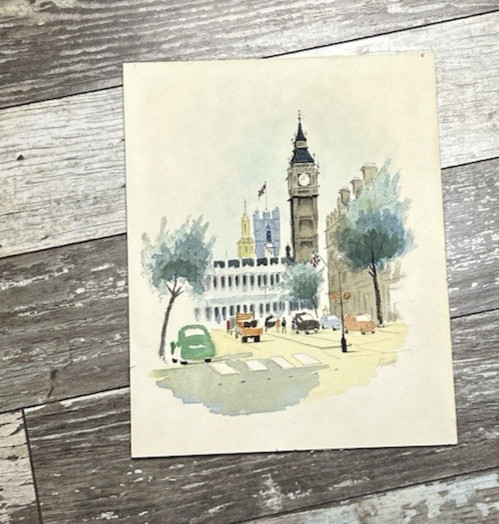 Original Water Painting on T. H. Saunders Art Board Depicting Big Ben Vintage